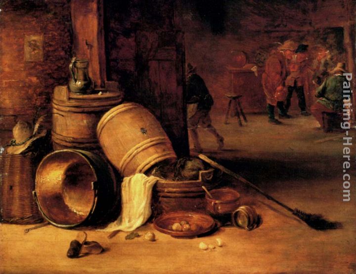 An interior scene with pots, barrels, baskets, onions and cabbages with boors carousing in the background painting - David the Younger Teniers An interior scene with pots, barrels, baskets, onions and cabbages with boors carousing in the background art painting